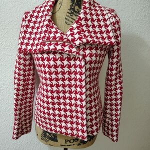 Talbots Red and White Houndstooth Blazer Jacket